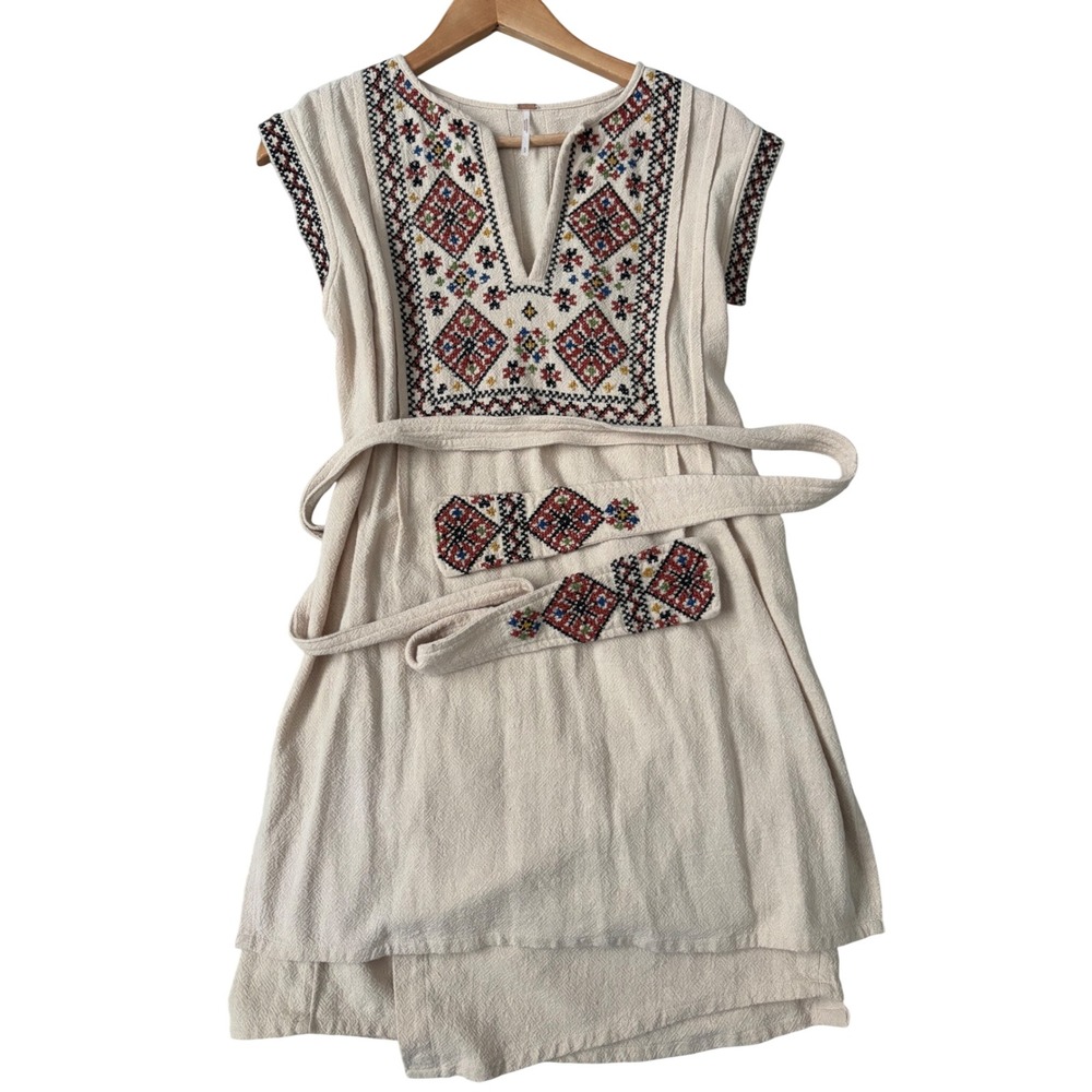 Free People Running Wild Boho Cream Embroidered Cotton Mini Dress with Belt S